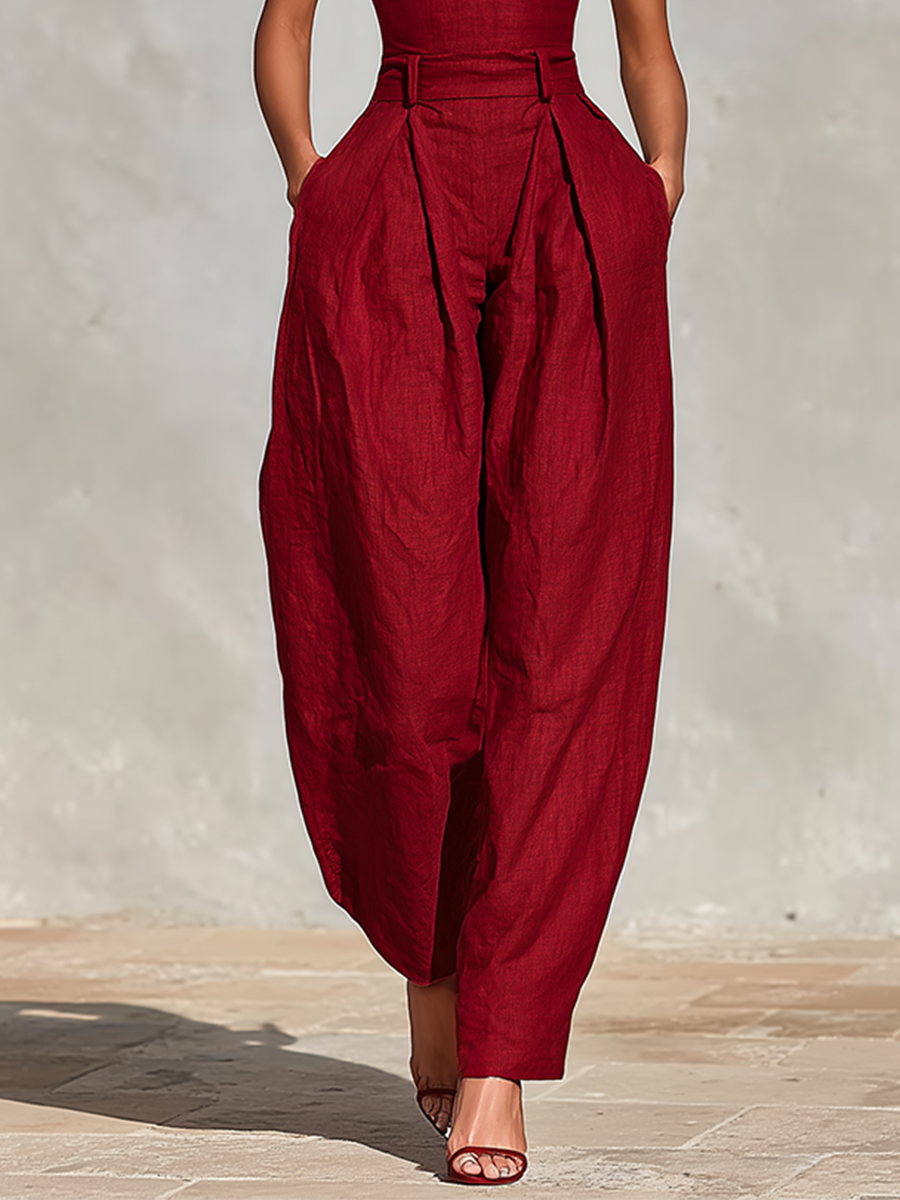 Red Linen Jumpsuit for Women UK – Spaghetti Straps High-Waisted Pleated Jumpsuit, Smart Casual Holiday Wear