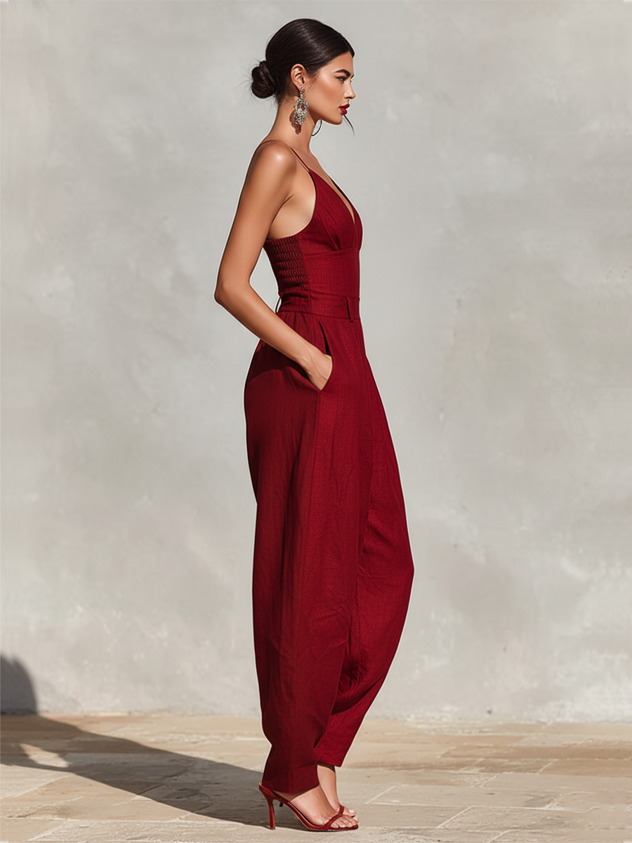 Red Linen Jumpsuit for Women UK – Spaghetti Straps High-Waisted Pleated Jumpsuit, Smart Casual Holiday Wear