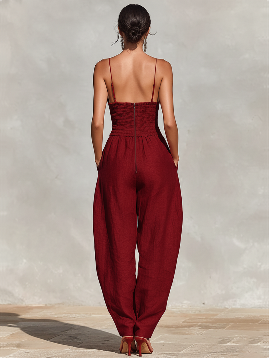 Red Linen Jumpsuit for Women UK – Spaghetti Straps High-Waisted Pleated Jumpsuit, Smart Casual Holiday Wear