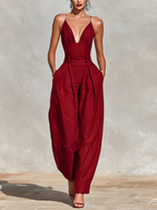 Red Linen Jumpsuit for Women UK – Spaghetti Straps High-Waisted Pleated Jumpsuit, Smart Casual Holiday Wear