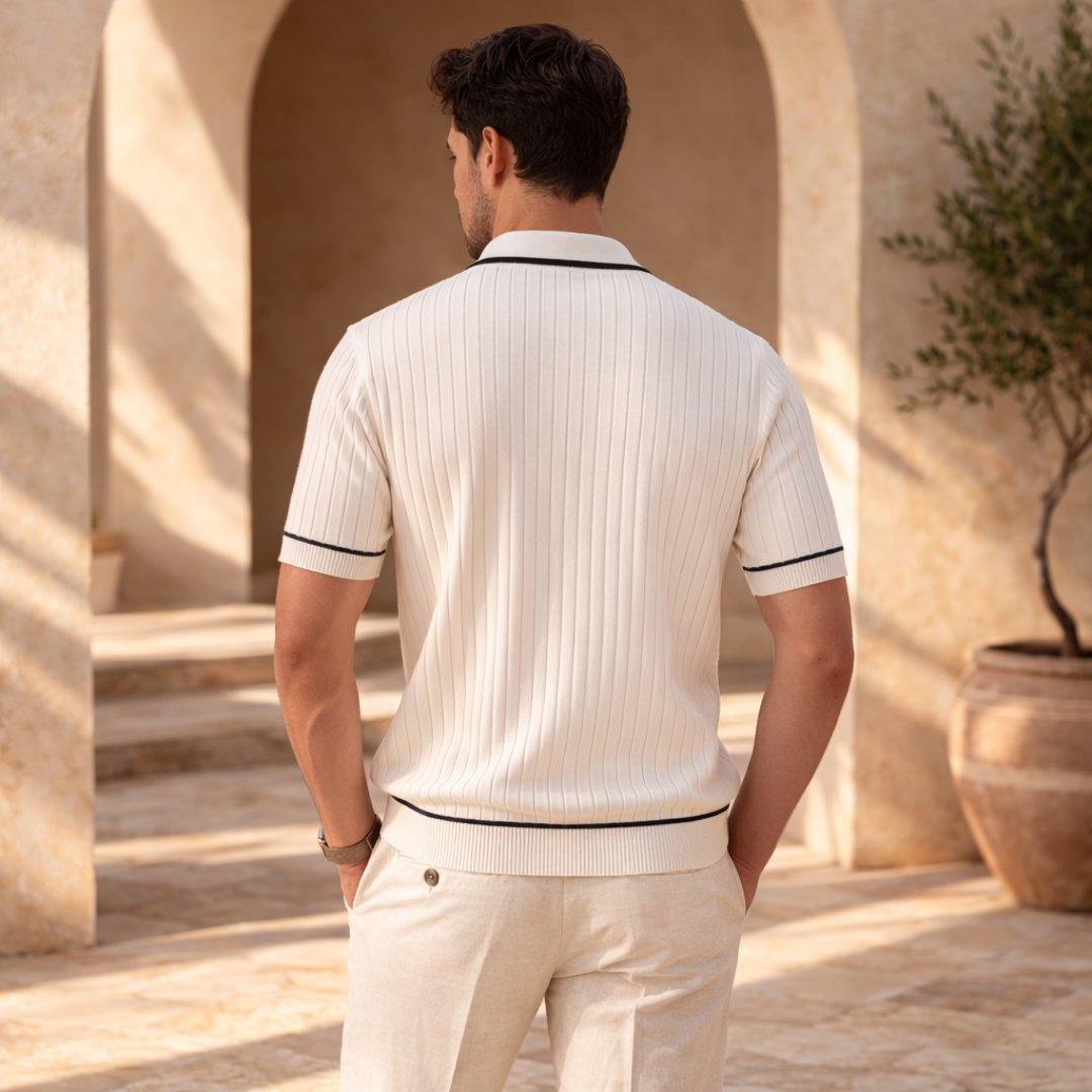 Ribbed Knit Short Sleeve Polo Shirt for Men - Casual Zip Design