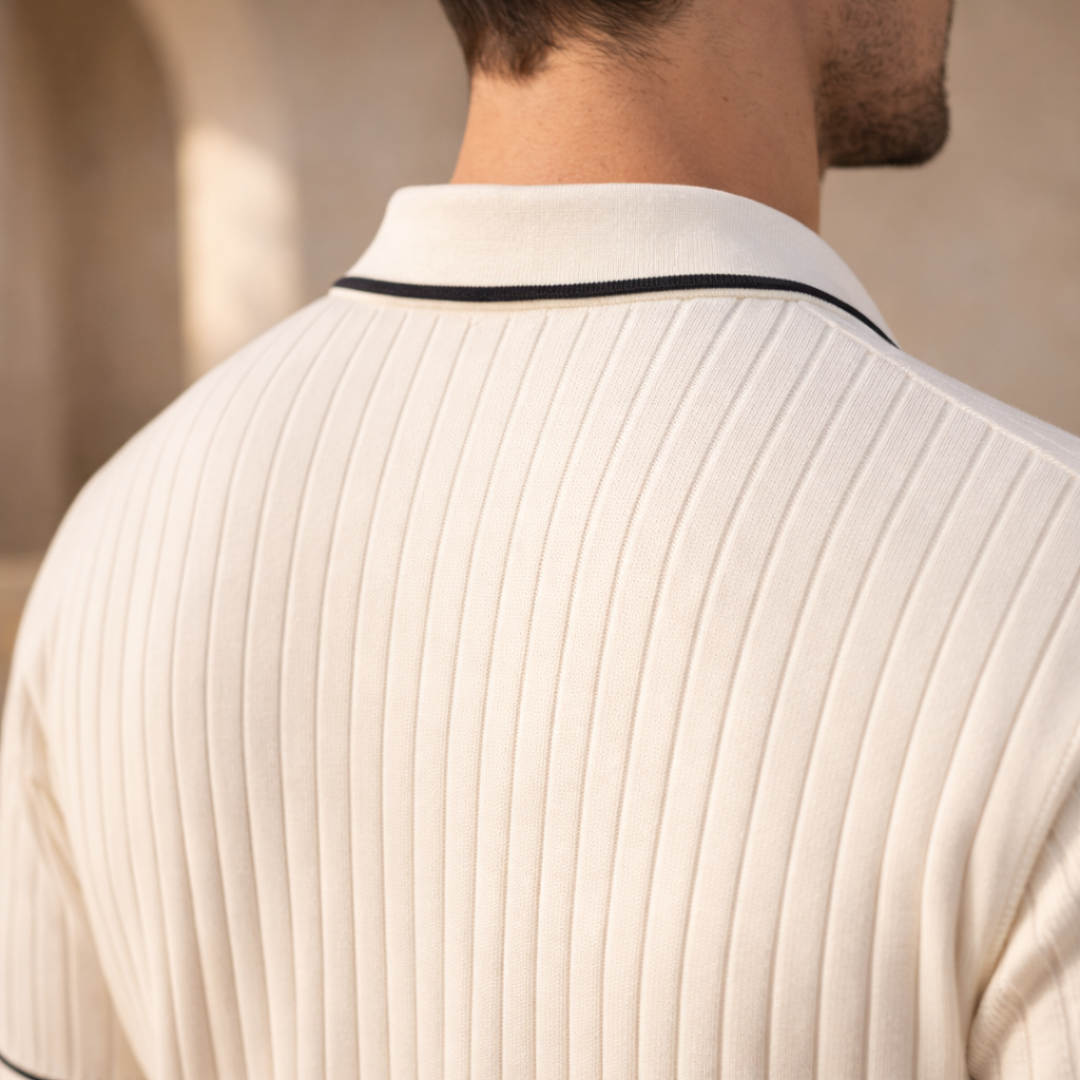 Ribbed Knit Short Sleeve Polo Shirt for Men - Casual Zip Design