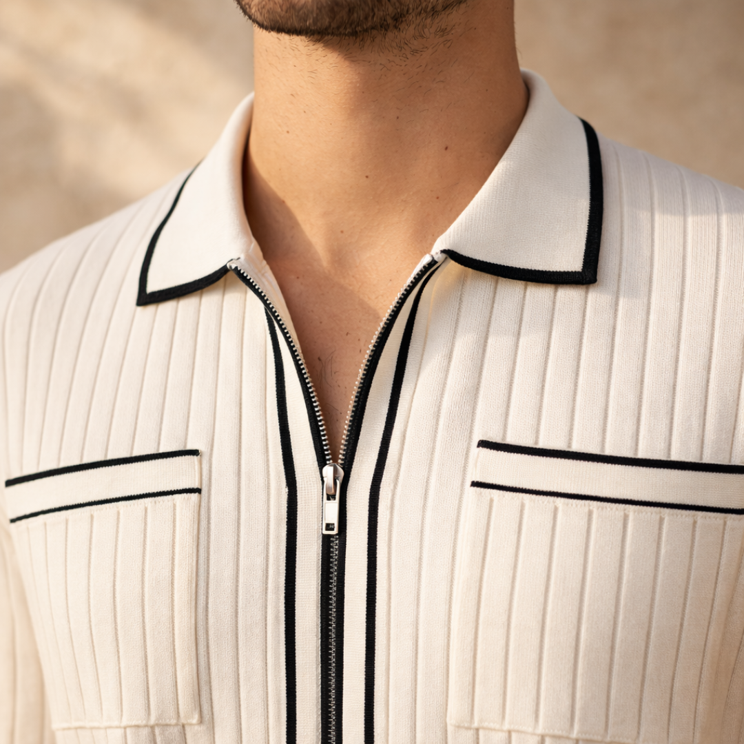 Ribbed Knit Short Sleeve Polo Shirt for Men - Casual Zip Design