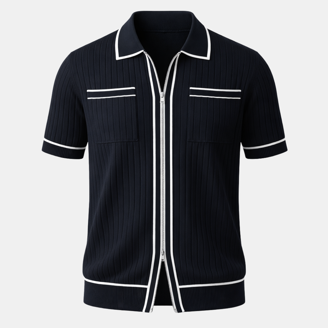 Ribbed Knit Short Sleeve Polo Shirt for Men - Casual Zip Design