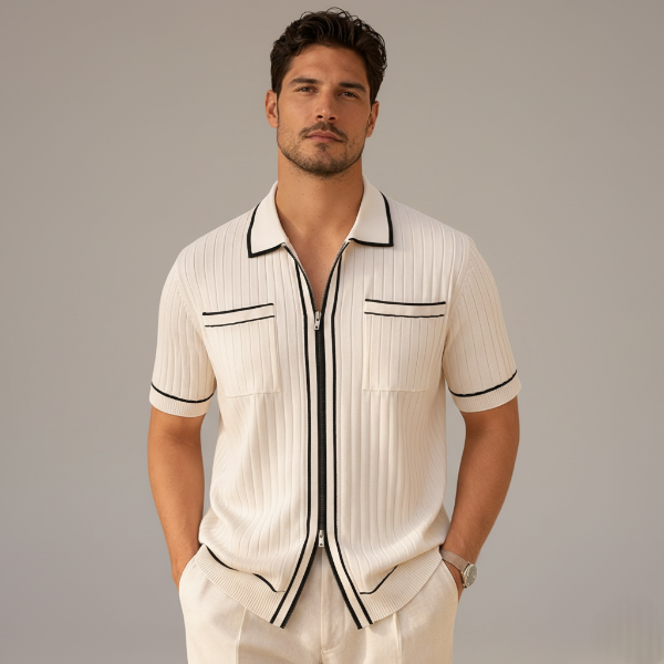 Ribbed Knit Short Sleeve Polo Shirt for Men - Casual Zip Design