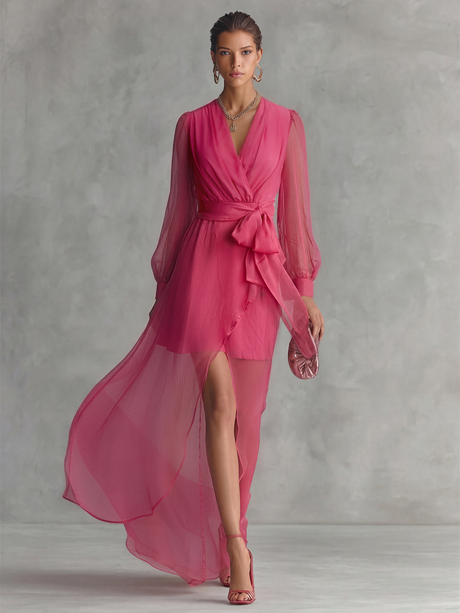 Rose Pink Pearl Chiffon V-neck Tie-waist Long Dress Women UK – Wedding Guest Garden Party Evening Gown