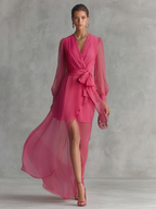 Rose Pink Pearl Chiffon V-neck Tie-waist Long Dress Women UK – Wedding Guest Garden Party Evening Gown