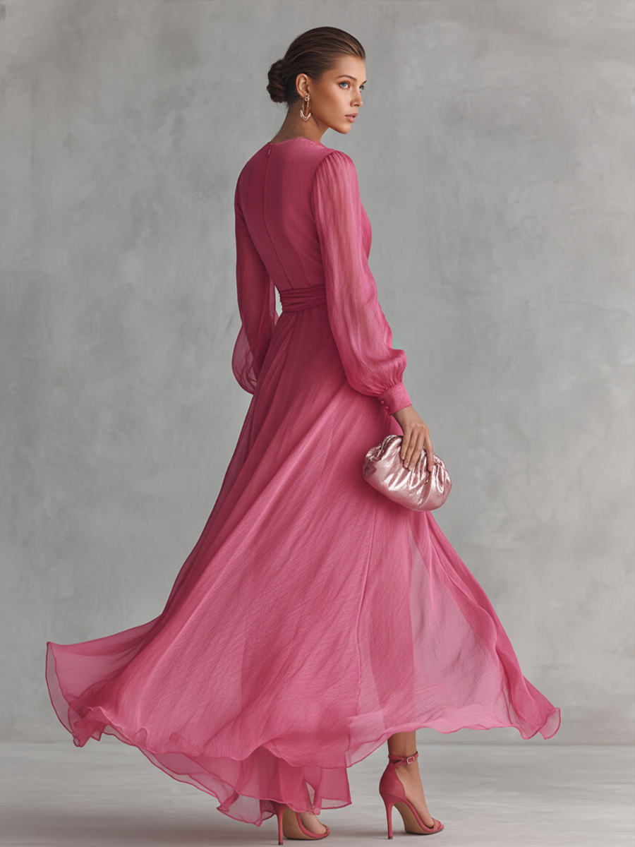 Rose Pink Pearl Chiffon V-neck Tie-waist Long Dress Women UK – Wedding Guest Garden Party Evening Gown