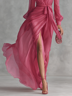 Rose Pink Pearl Chiffon V-neck Tie-waist Long Dress Women UK – Wedding Guest Garden Party Evening Gown