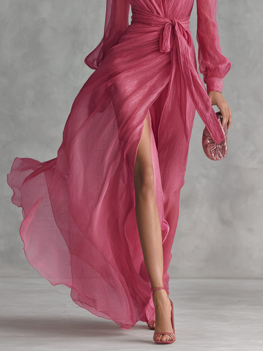 Rose Pink Pearl Chiffon V-neck Tie-waist Long Dress Women UK – Wedding Guest Garden Party Evening Gown