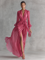 Rose Pink Pearl Chiffon V-neck Tie-waist Long Dress Women UK – Wedding Guest Garden Party Evening Gown