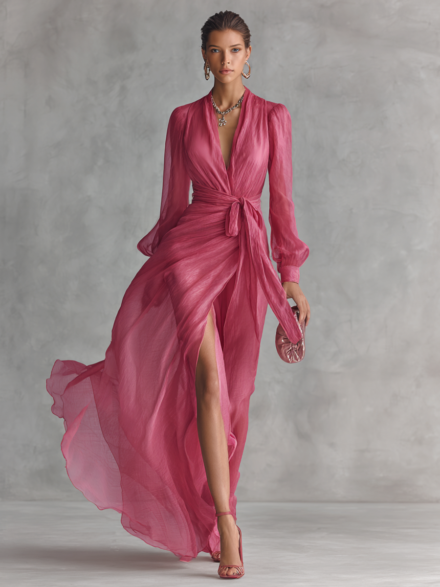 Rose Pink Pearl Chiffon V-neck Tie-waist Long Dress Women UK – Wedding Guest Garden Party Evening Gown
