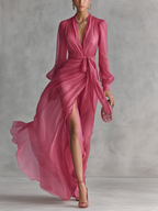 Rose Pink Pearl Chiffon V-neck Tie-waist Long Dress Women UK – Wedding Guest Garden Party Evening Gown