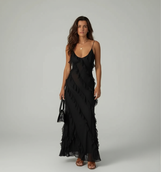 Ruffle Chiffon Maxi Dress for Evening Events - Romantic Style Gown