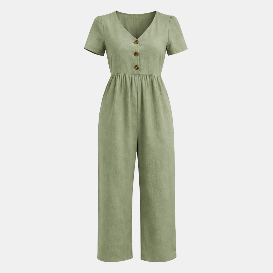Short Sleeve Button Front Wide Leg Jumpsuit for Women - Casual Summer Outfit