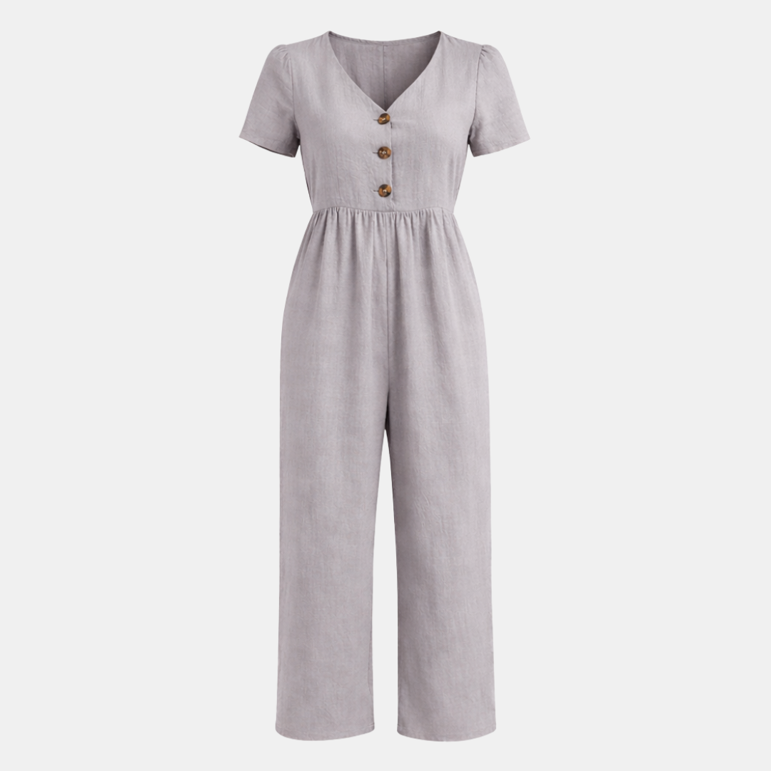 Short Sleeve Button Front Wide Leg Jumpsuit for Women - Casual Summer Outfit