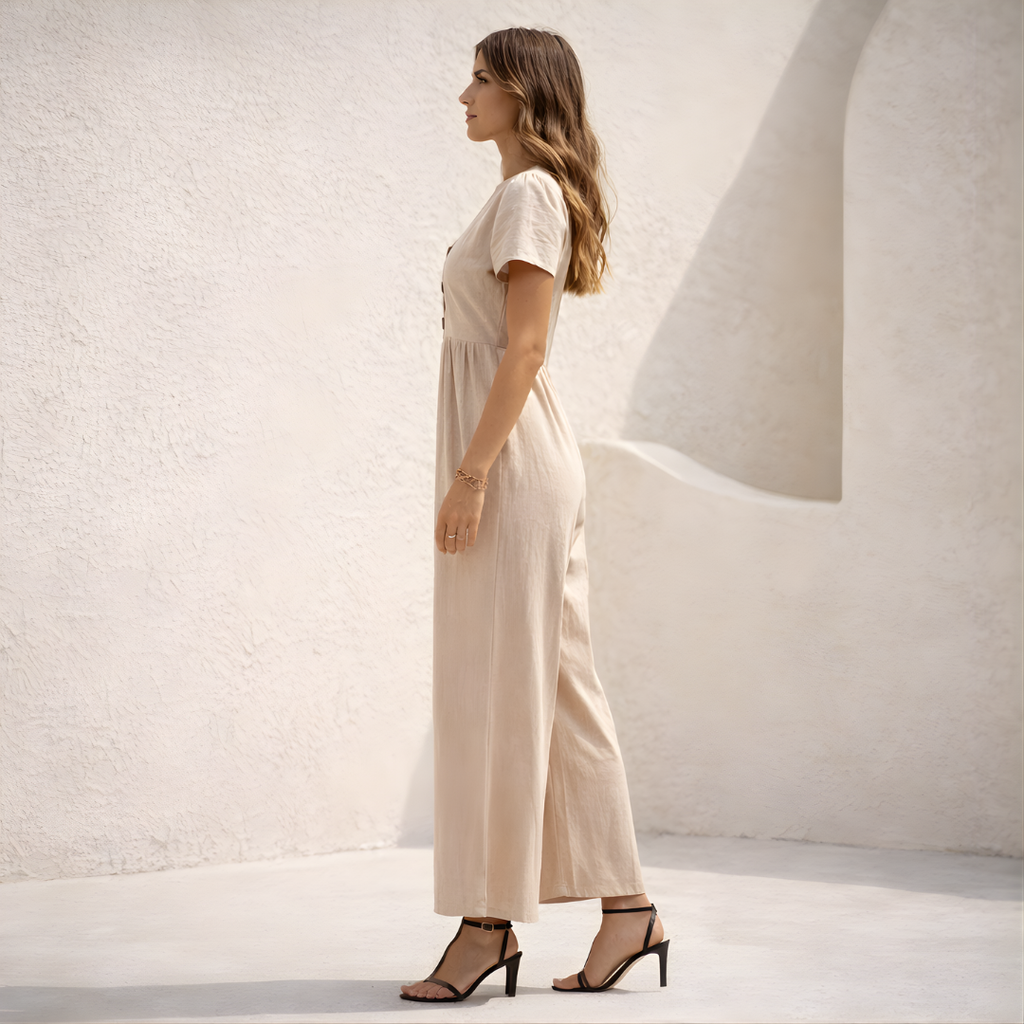 Short Sleeve Button Front Wide Leg Jumpsuit for Women - Casual Summer Outfit
