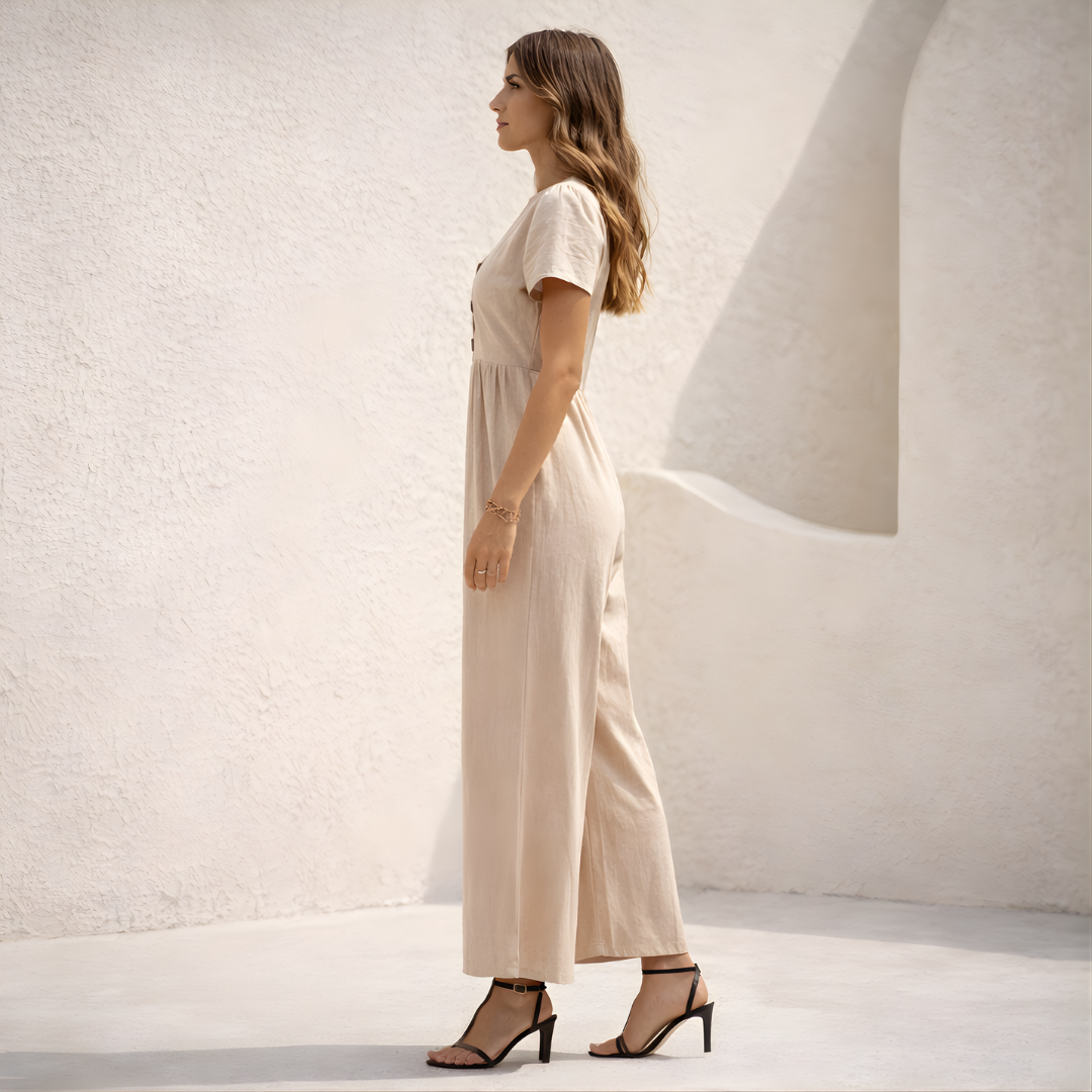 Short Sleeve Button Front Wide Leg Jumpsuit for Women - Casual Summer Outfit