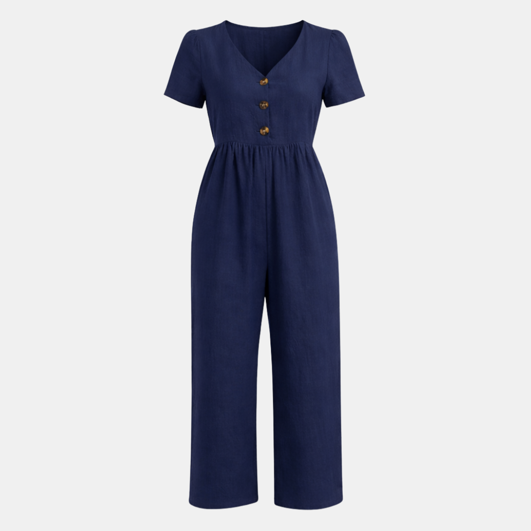 Short Sleeve Button Front Wide Leg Jumpsuit for Women - Casual Summer Outfit