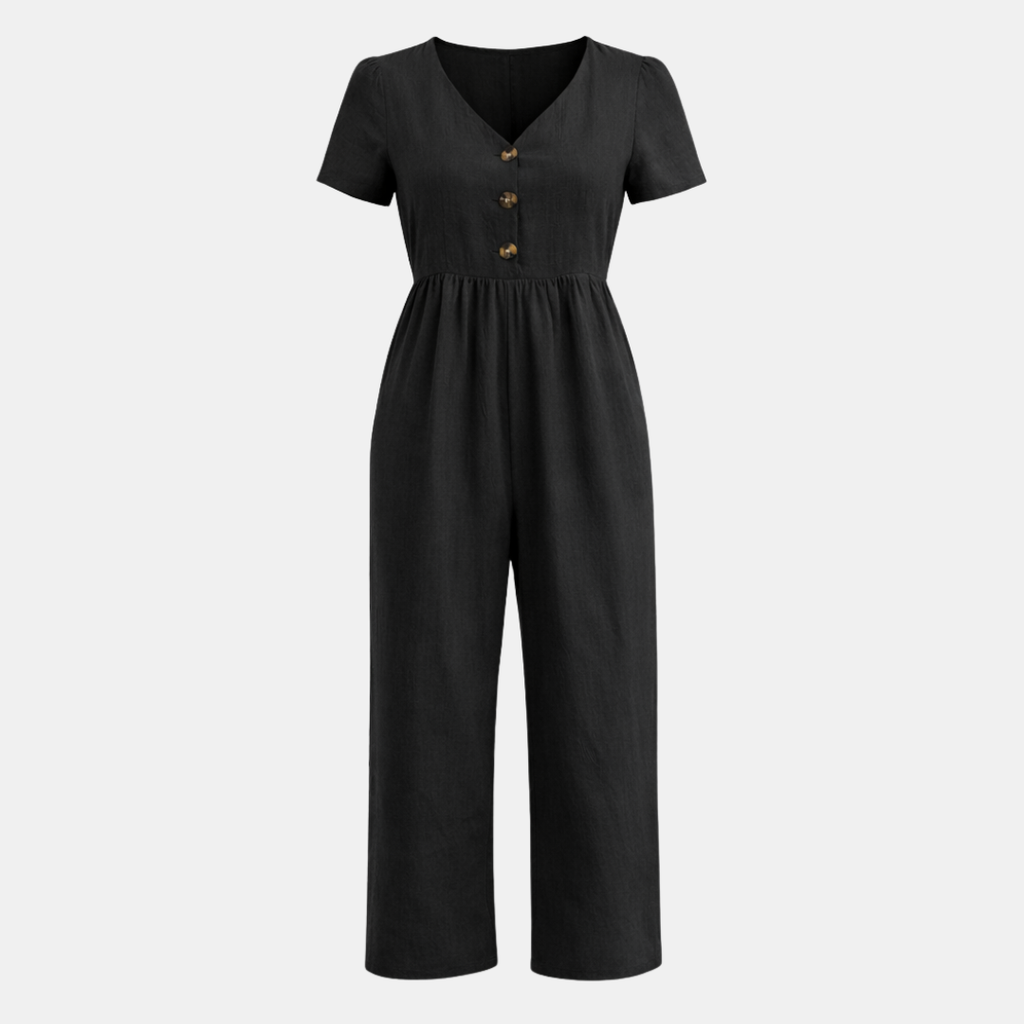 Short Sleeve Button Front Wide Leg Jumpsuit for Women - Casual Summer Outfit