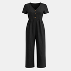 Short Sleeve Button Front Wide Leg Jumpsuit for Women - Casual Summer Outfit