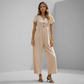 Short Sleeve Button Front Wide Leg Jumpsuit for Women - Casual Summer Outfit