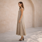 Sleeveless V-Neck Linen Maxi Dress for Women - Casual Summer Wear