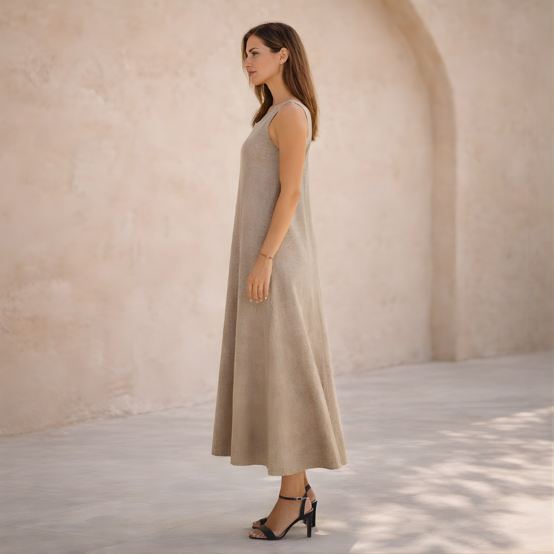 Sleeveless V-Neck Linen Maxi Dress for Women - Casual Summer Wear