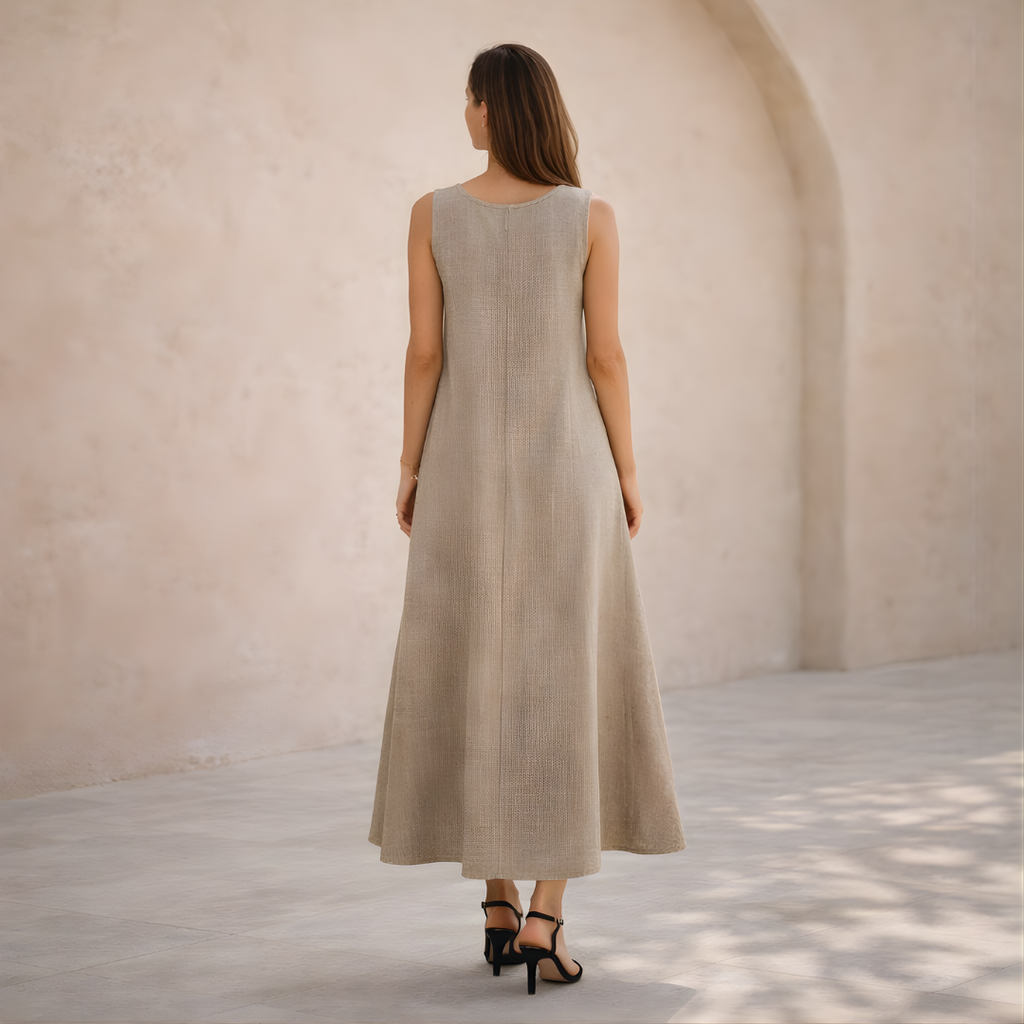 Sleeveless V-Neck Linen Maxi Dress for Women - Casual Summer Wear