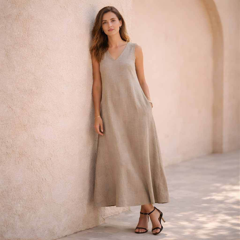 Sleeveless V-Neck Linen Maxi Dress for Women - Casual Summer Wear