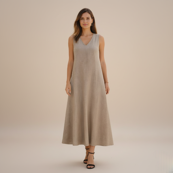 Sleeveless V-Neck Linen Maxi Dress for Women - Casual Summer Wear