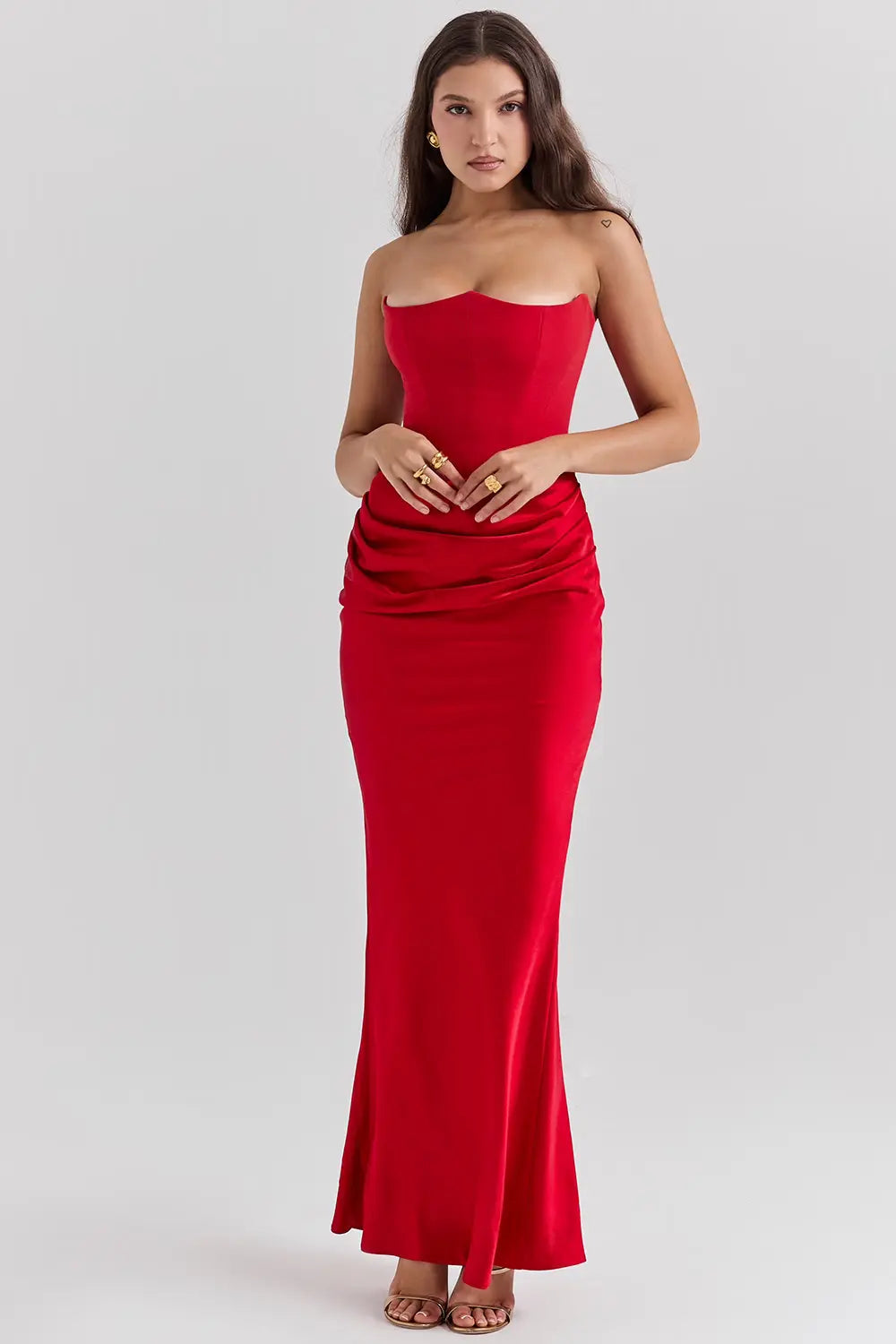 Strapless Maxi Dress for Women - Lightweight Fabric, Gathered Waist - Elegant Summer Evening Wear