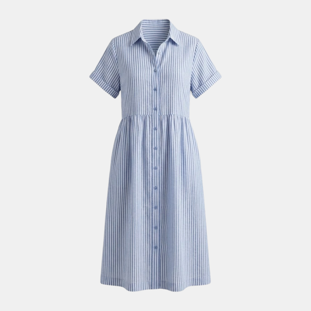 Striped Linen Blend Midi Dress for Women with Pockets - Casual Wear