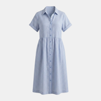 Striped Linen Blend Midi Dress for Women with Pockets - Casual Wear