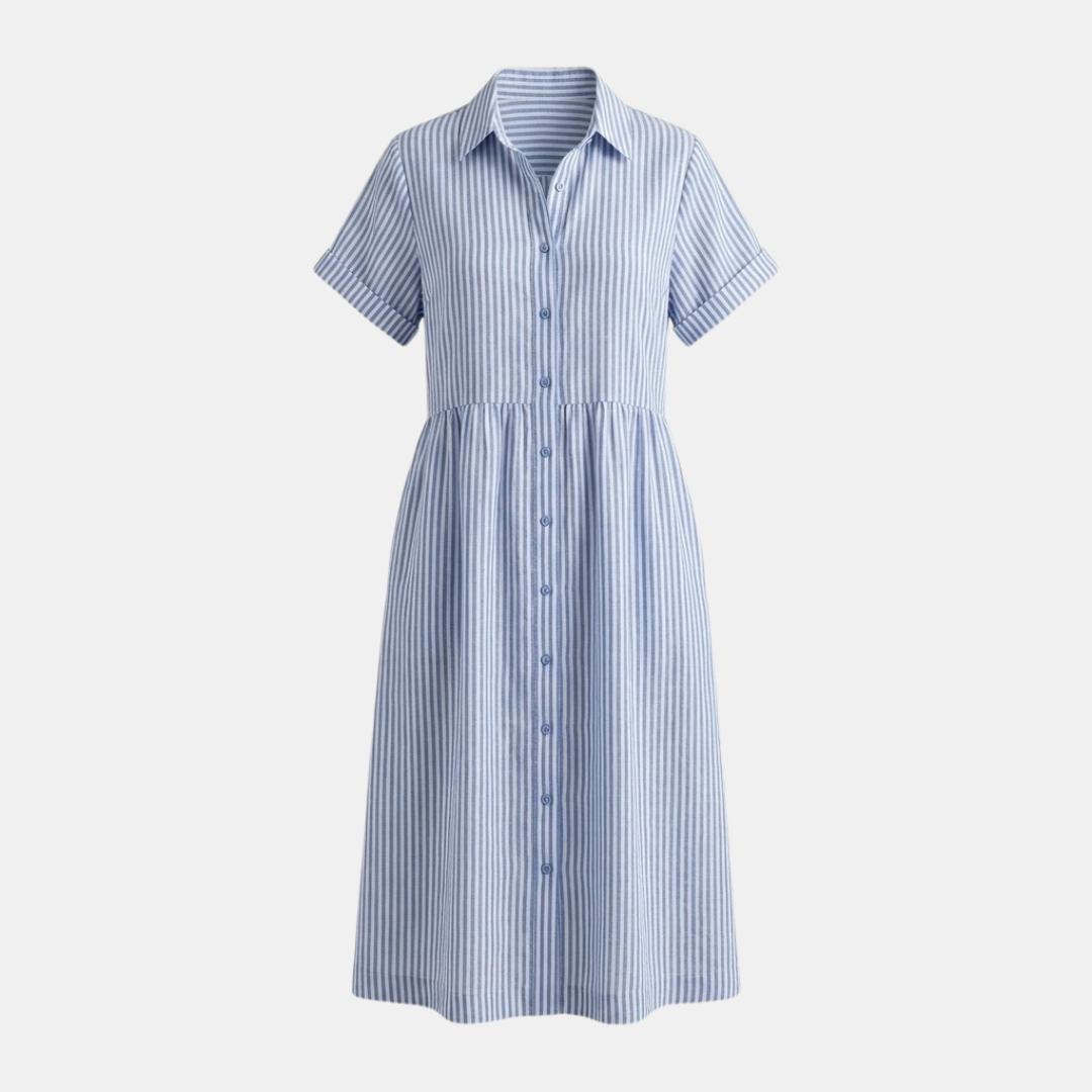 Striped Linen Blend Midi Dress for Women with Pockets - Casual Wear