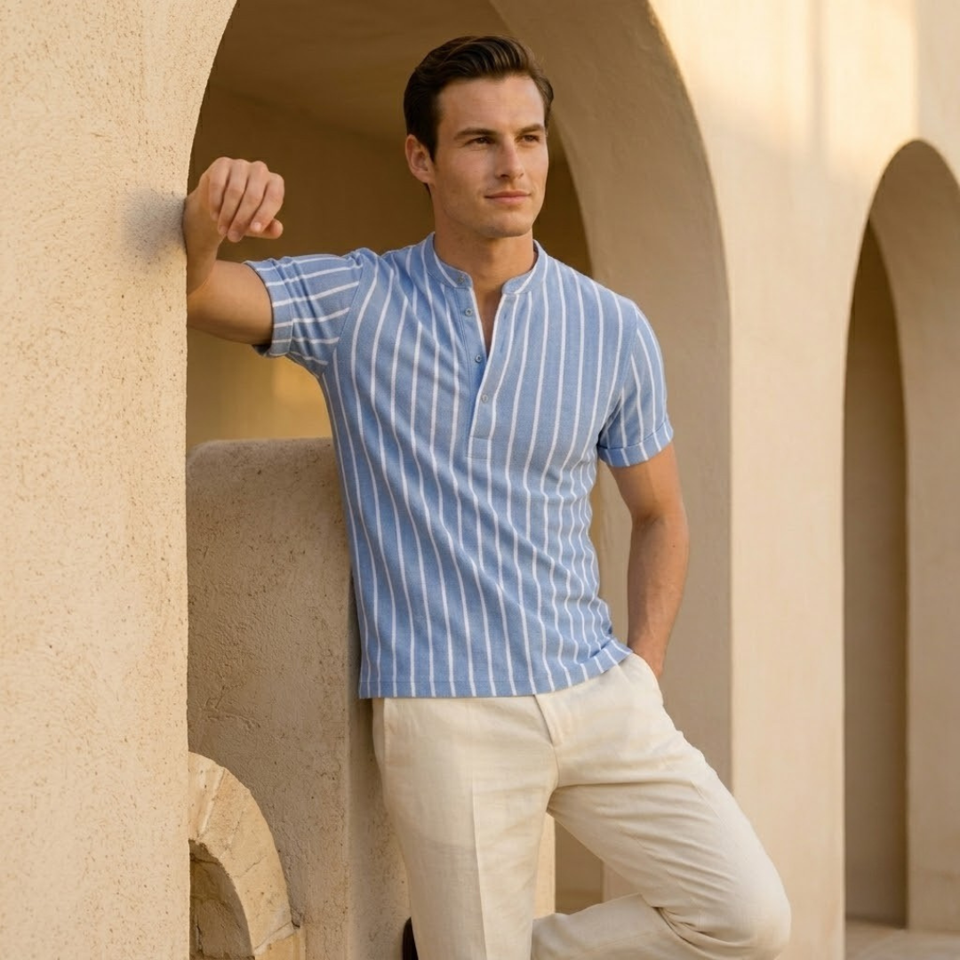 Striped Short Sleeve Collared Shirt for Casual Wear in Lightweight Fabric