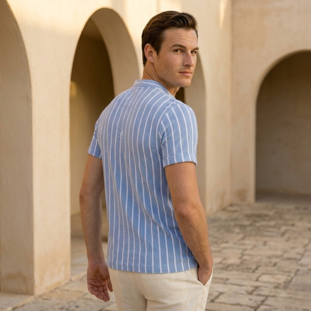 Striped Short Sleeve Collared Shirt for Casual Wear in Lightweight Fabric