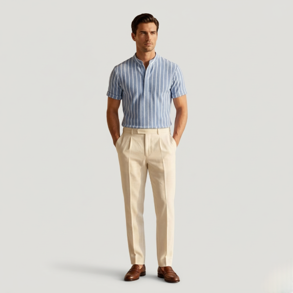 Striped Short Sleeve Collared Shirt for Casual Wear in Lightweight Fabric