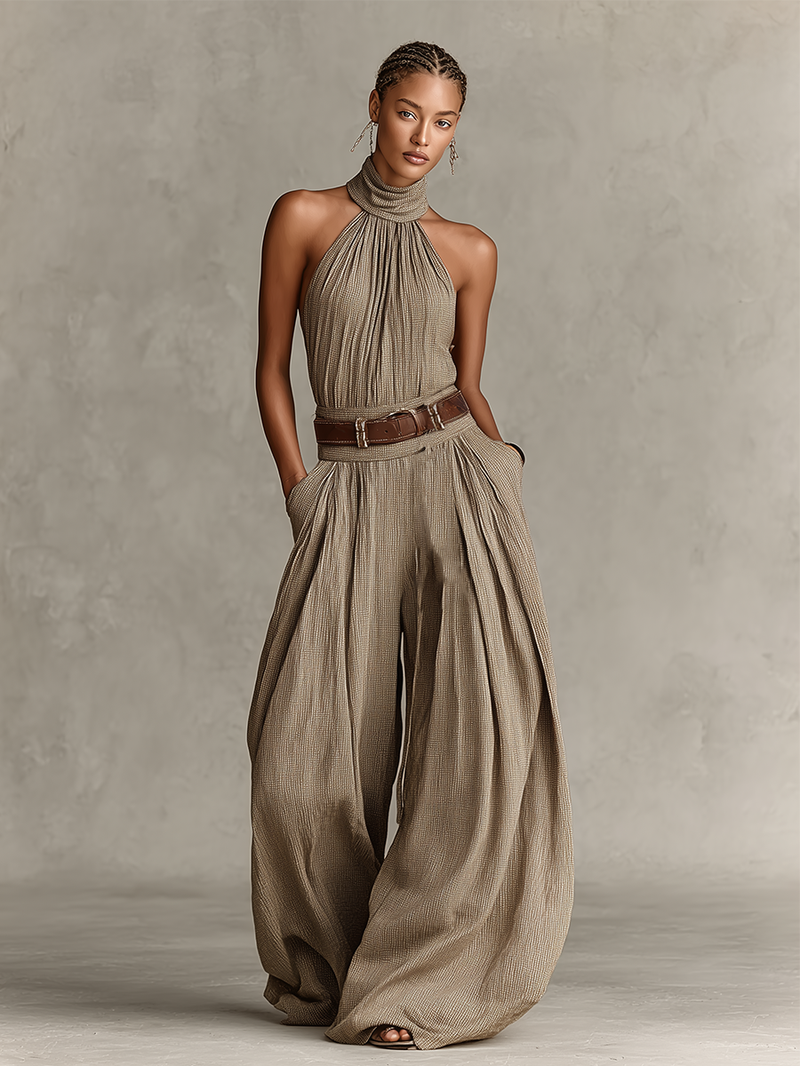 Taupe Cotton-Blend Jumpsuit Women UK – Halter Neck Wide-Leg Jumpsuit, Smart Casual Holiday Wear