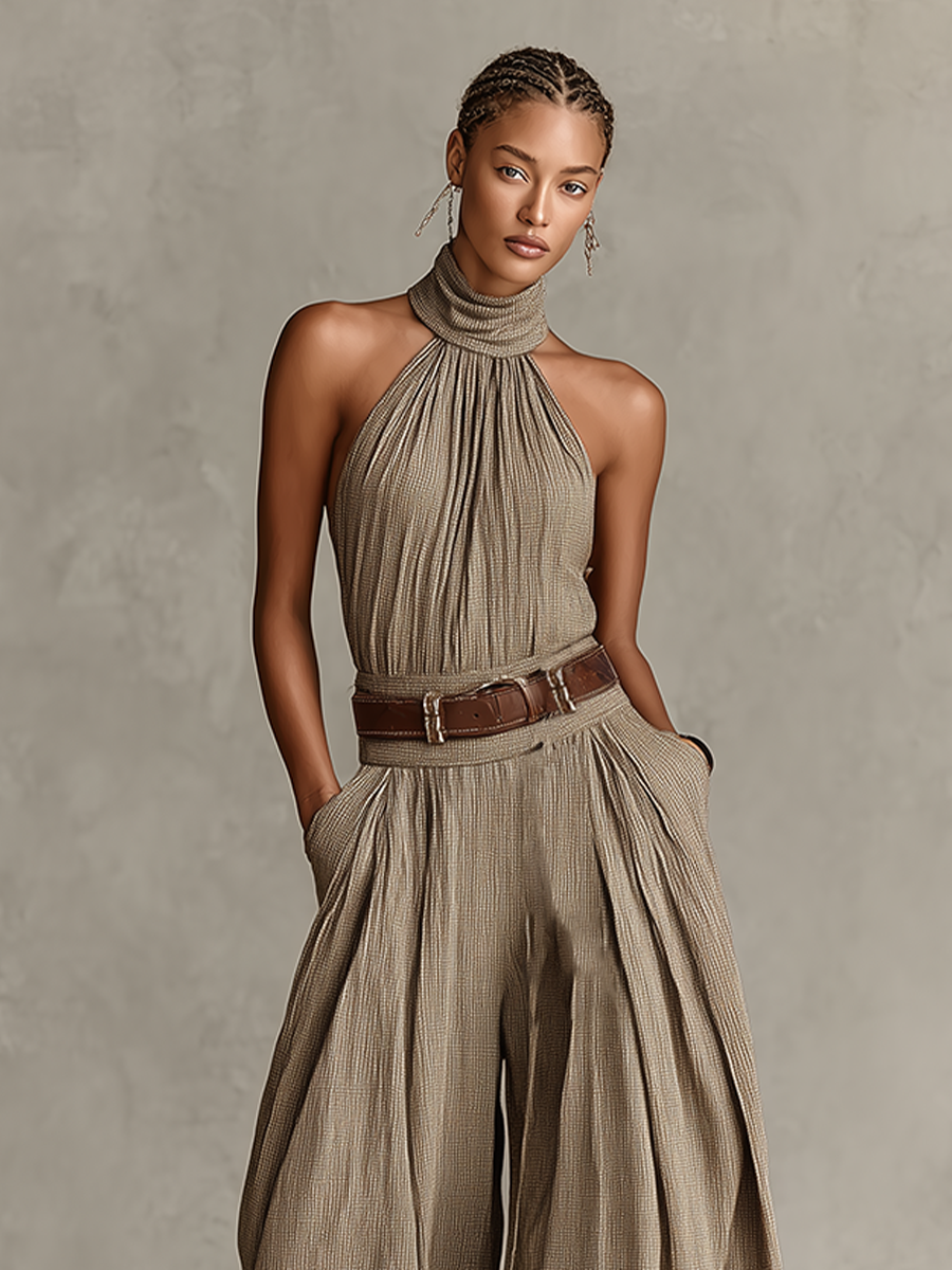 Taupe Cotton-Blend Jumpsuit Women UK – Halter Neck Wide-Leg Jumpsuit, Smart Casual Holiday Wear