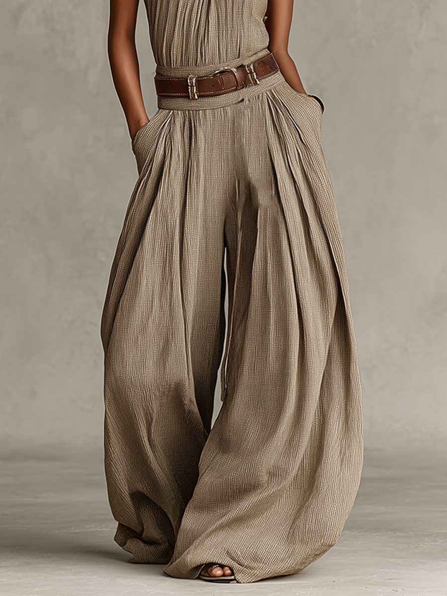 Taupe Cotton-Blend Jumpsuit Women UK – Halter Neck Wide-Leg Jumpsuit, Smart Casual Holiday Wear
