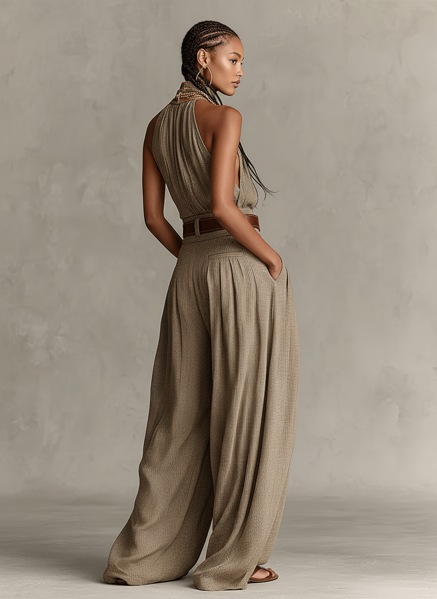 Taupe Cotton-Blend Jumpsuit Women UK – Halter Neck Wide-Leg Jumpsuit, Smart Casual Holiday Wear