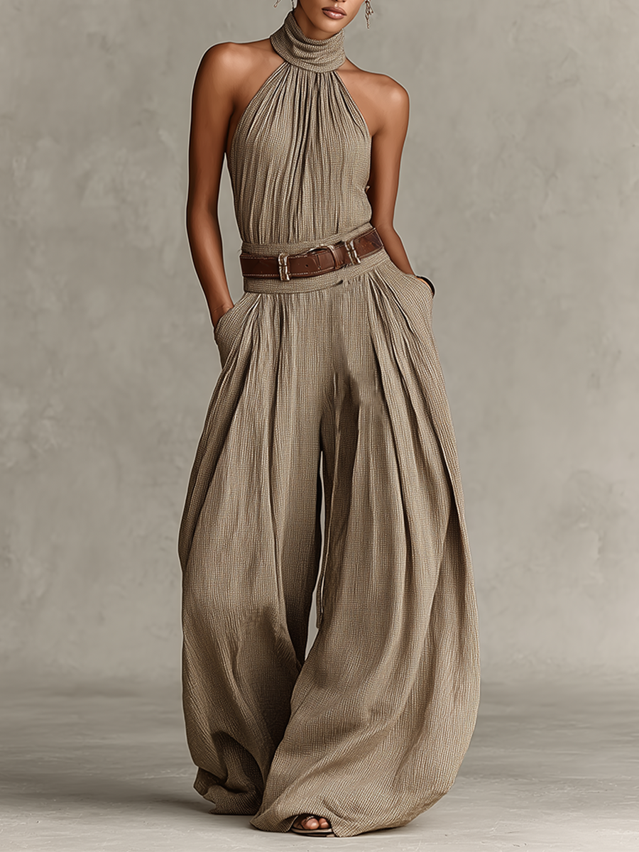 Taupe Cotton-Blend Jumpsuit Women UK – Halter Neck Wide-Leg Jumpsuit, Smart Casual Holiday Wear