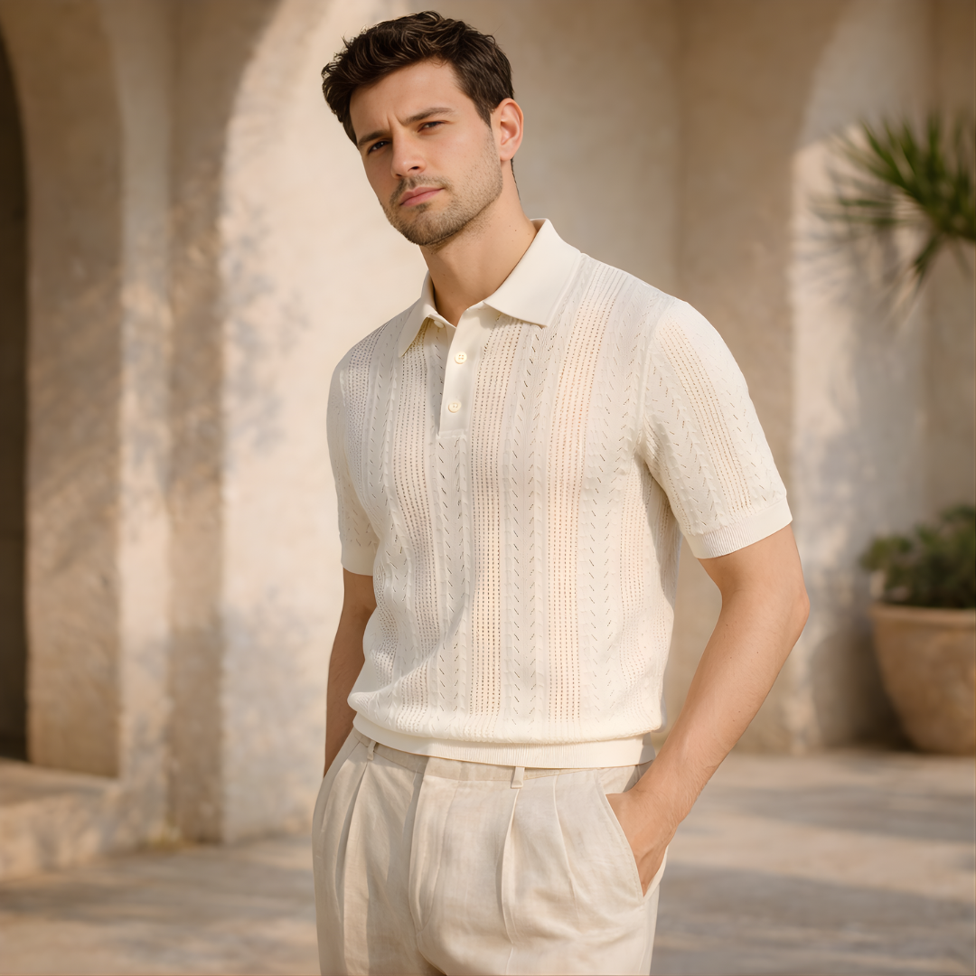 Textured Pointelle Knit Polo Shirt for Men - Casual Wear, Short Sleeve