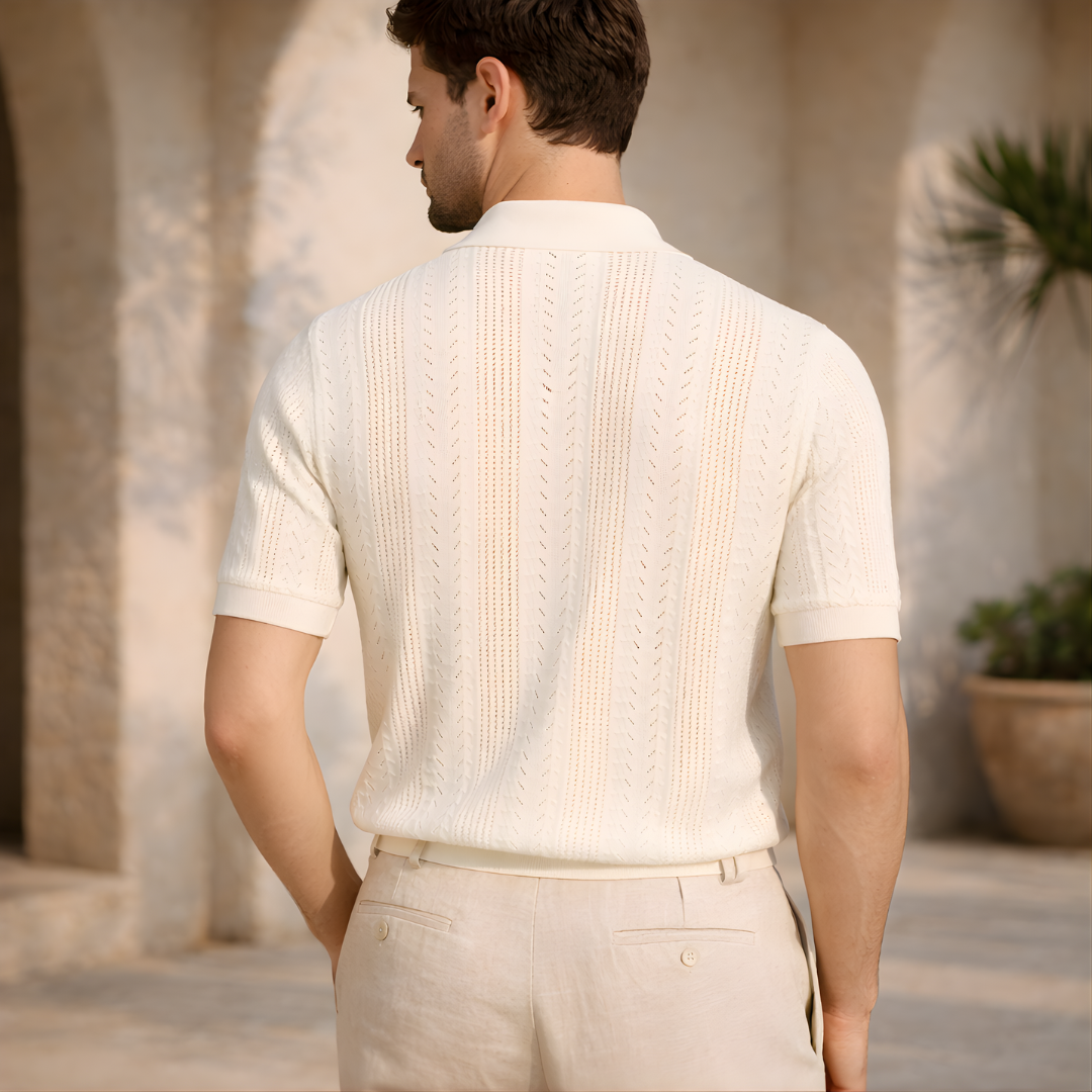 Textured Pointelle Knit Polo Shirt for Men - Casual Wear, Short Sleeve