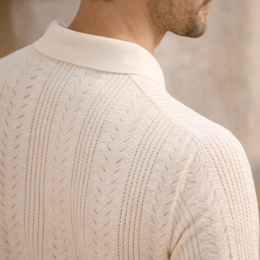 Textured Pointelle Knit Polo Shirt for Men - Casual Wear, Short Sleeve