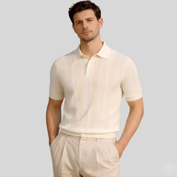 Textured Pointelle Knit Polo Shirt for Men - Casual Wear, Short Sleeve