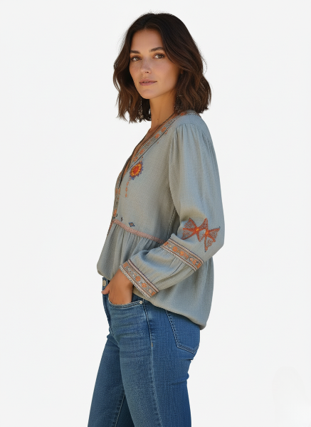 V-Neck Embroidered Long Sleeve Blouse - Casual Women's Top with Wide Cuffs for Everyday Wear