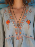 V-Neck Embroidered Long Sleeve Blouse - Casual Women's Top with Wide Cuffs for Everyday Wear
