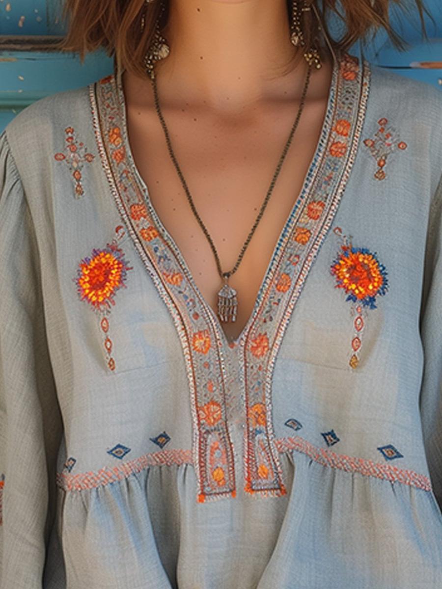 V-Neck Embroidered Long Sleeve Blouse - Casual Women's Top with Wide Cuffs for Everyday Wear